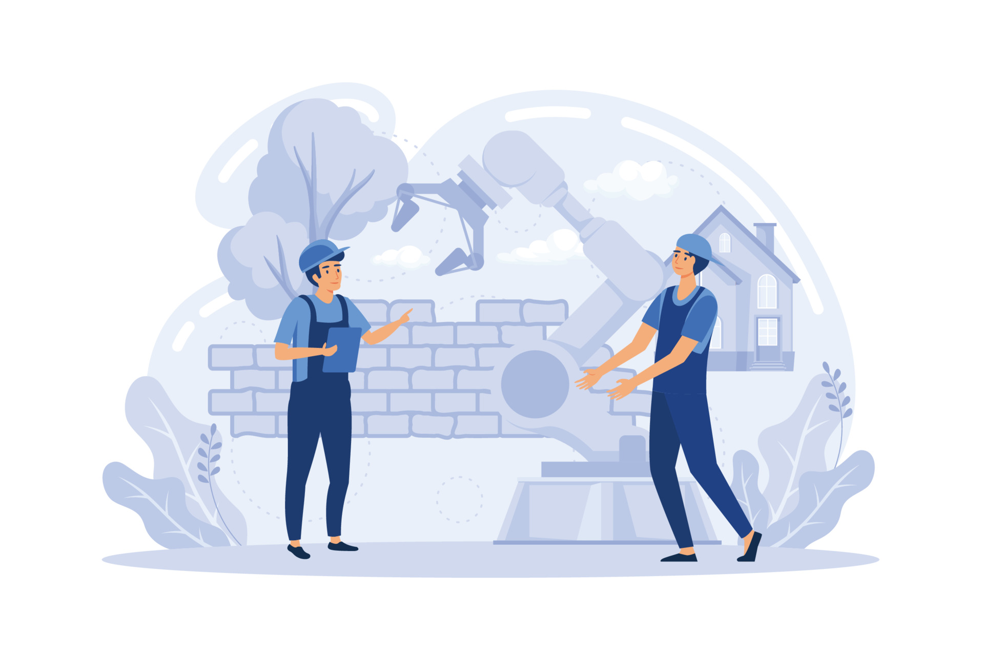 Smart industry development. Artificial intelligence in surgery. Robotics construction, collaborative robotics, remotely operated robots metaphors. flat vector modern illustration Construction smart technology